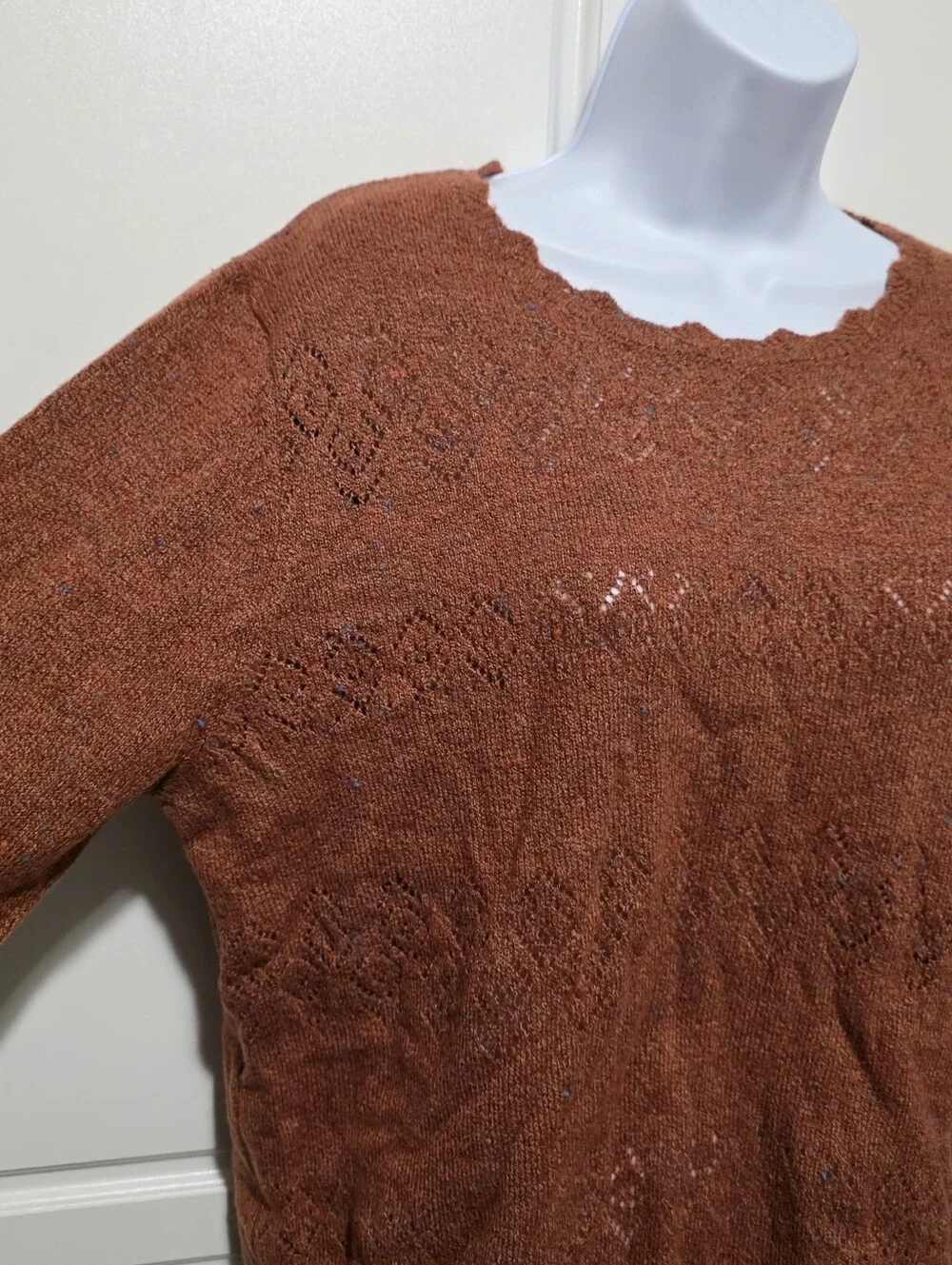 Alfred Dunner Womens Rust Brown Geometric Eyelet Knit Scallop Crewneck Sweater